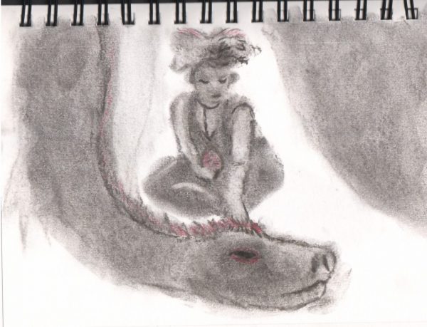 Quick sketch of a faun and a dragon, charcoal