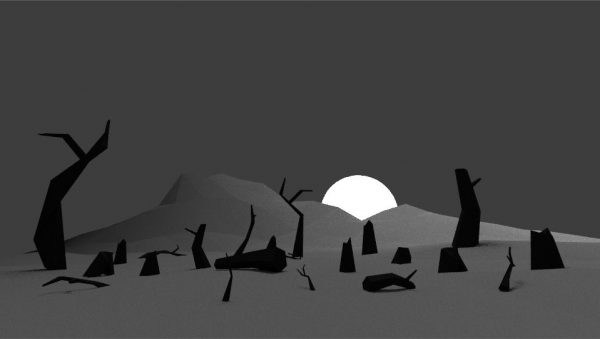 Low poly landscape with dead trees, black and white